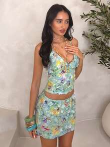 SHEIN Glamour 3D Floral Print Spaghetti Strap Crop Top Mini Skirt Two Piece Set 3D Three-Dimensional Floral Applique Fabric Y2k Boho Summer Vacation Chic - Green - View 3