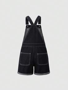 SHEIN Genkimix Kids 女童牛仔背带短裤，夏季新款甜美时尚中蓝色水洗牛仔布，蝴蝶刺绣做旧毛边设计，可调节肩带，舒适优质棉质牛仔布，日常基础款，适合上学、度假等各种场合，儿童背带裤，适合青少年女孩穿着。 - 藍色 - 查看 3