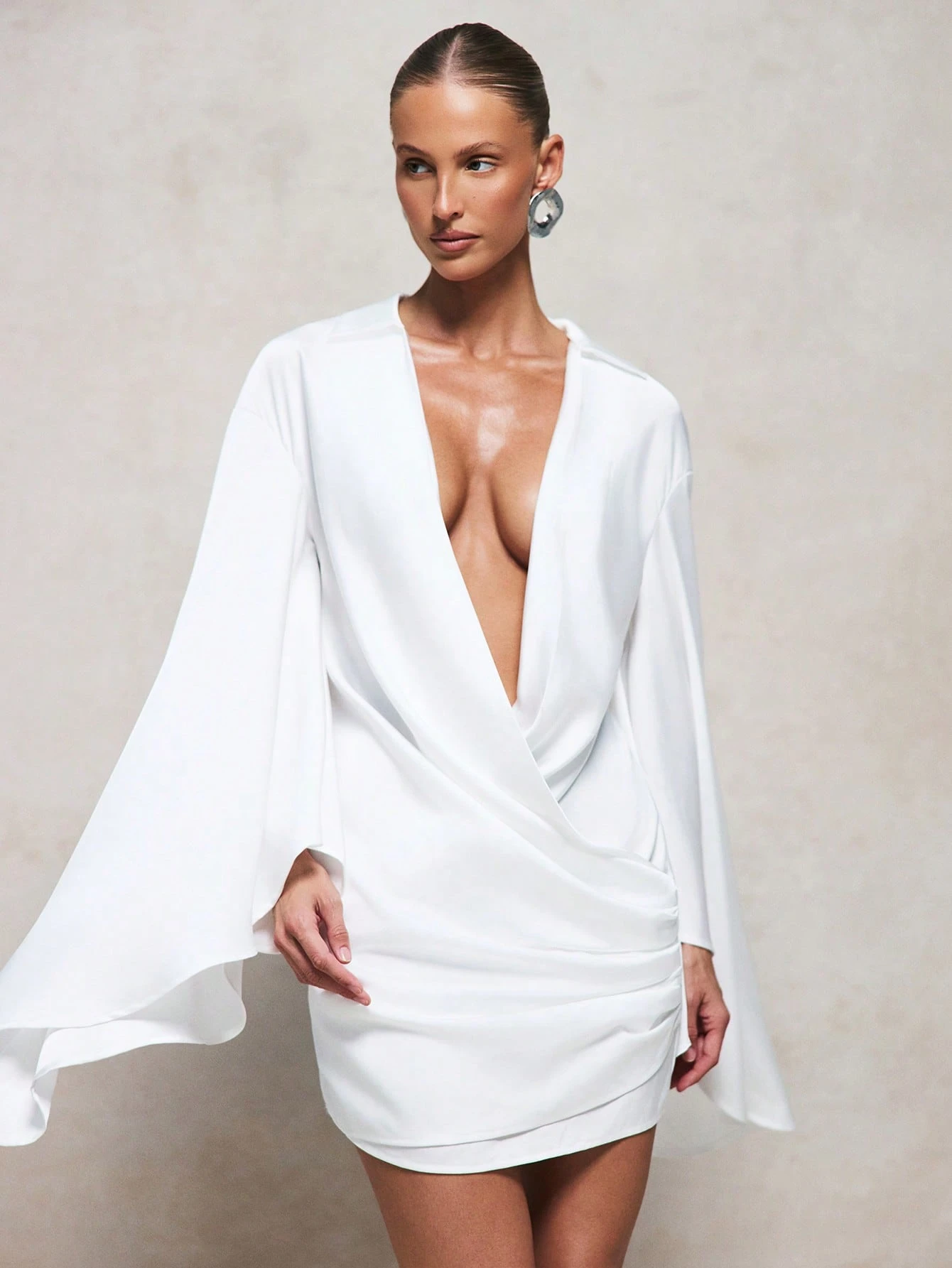 Satin Wrap Mini Dress With Waterfall Sleeves