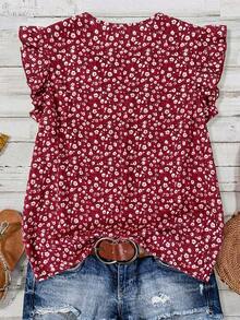 SHEIN Clasi Women's V-Neck All-Over Print Casual Versatile Daily Wear Shirt,Summer Top - Burgundy - View 3