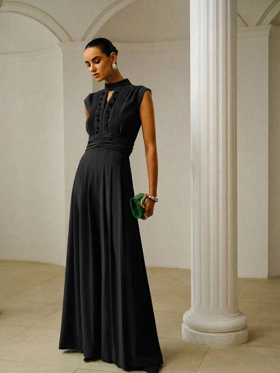 ZEYLAH Elegant Gathered Wide Leg Jumpsuit, Spring/Summer - Black - View 1
