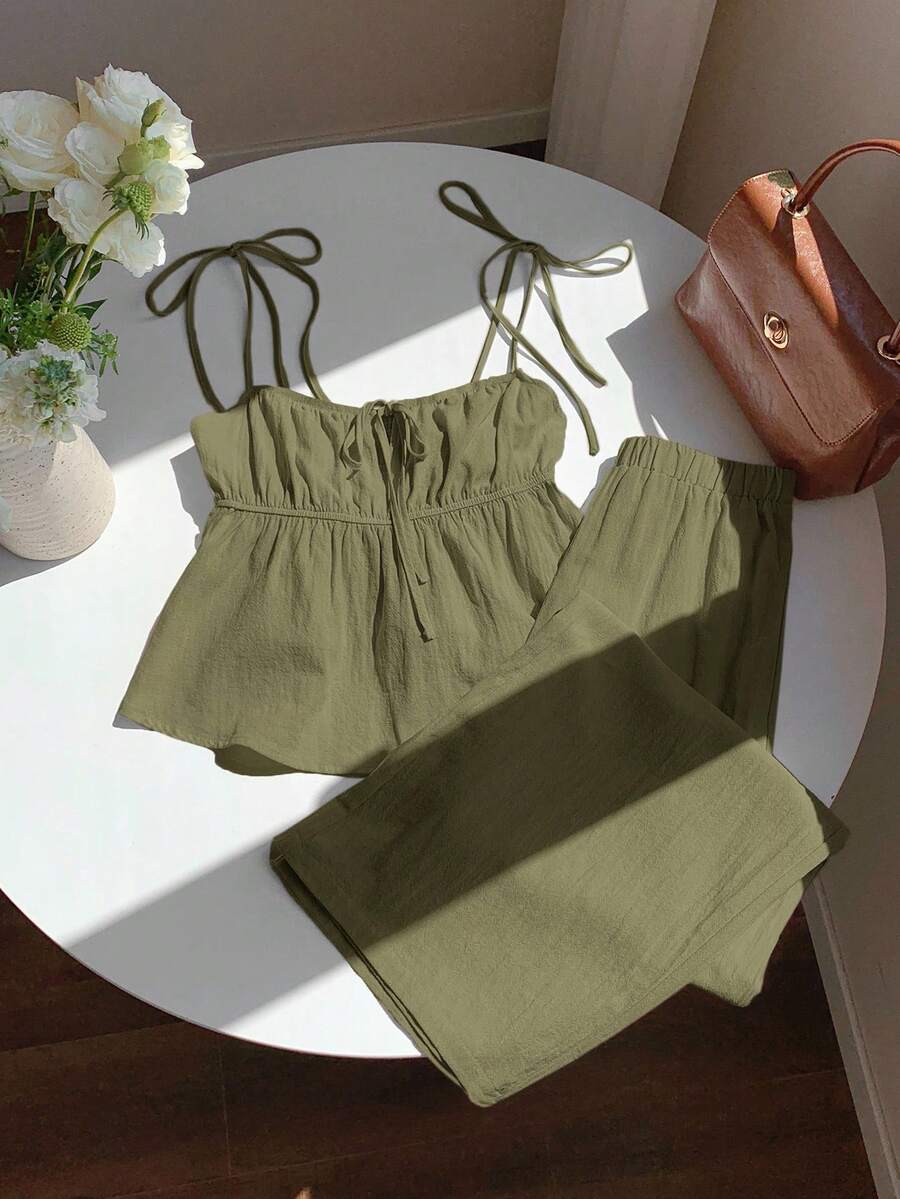 SHEIN EZwear Bộ đồ 2 món màu xanh ô liu dáng rộng dành cho nữ, cỡ lớn. - xanh quân đội - Xem 1