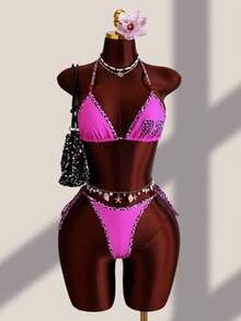 Swim SXY Set de 3 piezas: Top de bikini con tirantes finos y estampado sexy, Bottom de triángulo con lazos laterales y shorts - Multicolor - Ver 4