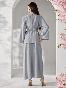 Al Najma 女士纯色纽扣设计长袖衬衫和中长裙优雅两件套 - 藍色 - 查看 2