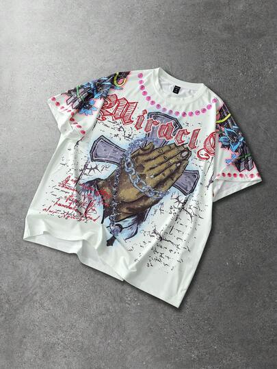 ROMWE MEN Men's Letter Gesture Print Round Neck Casual Loose T-Shirt