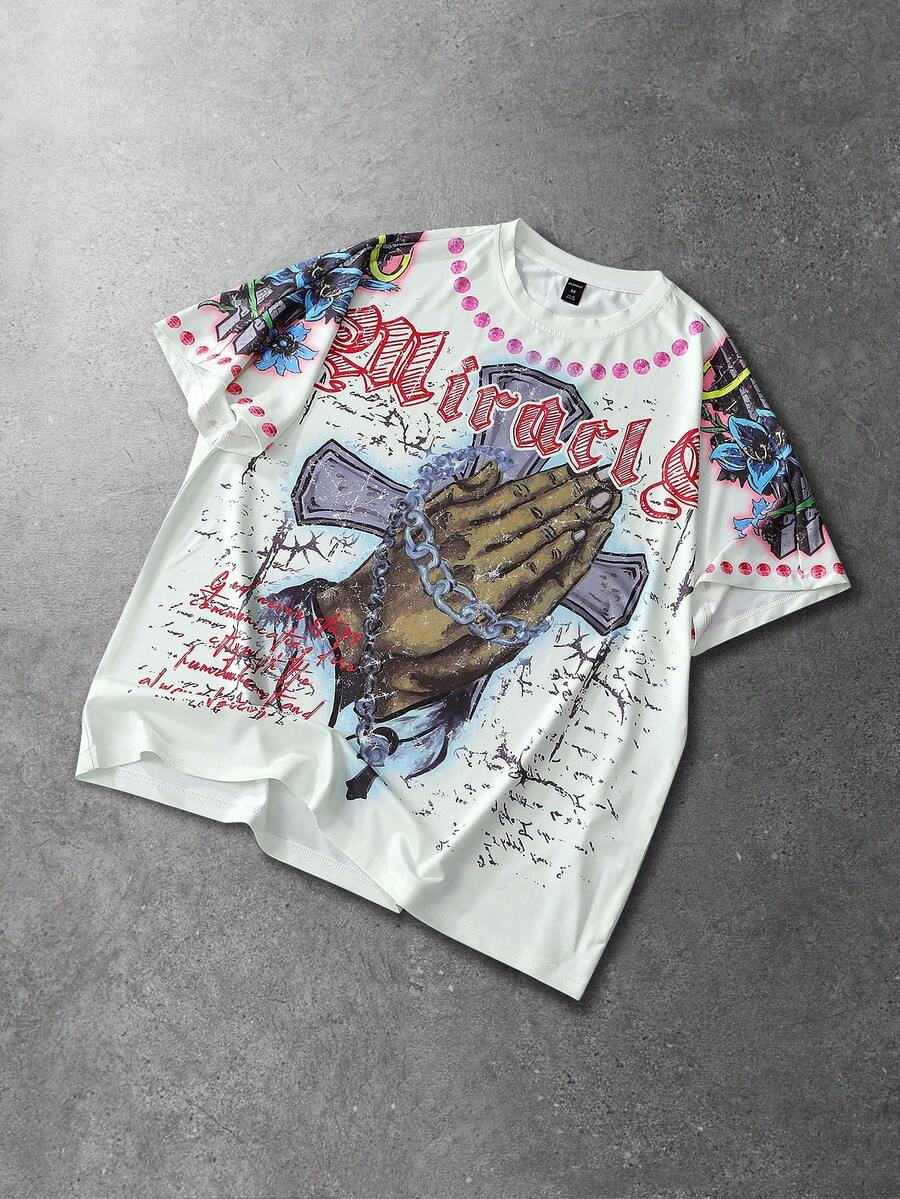 ROMWE MEN Men's Letter Gesture Print Round Neck Casual Loose T-Shirt - Khaki - View 1