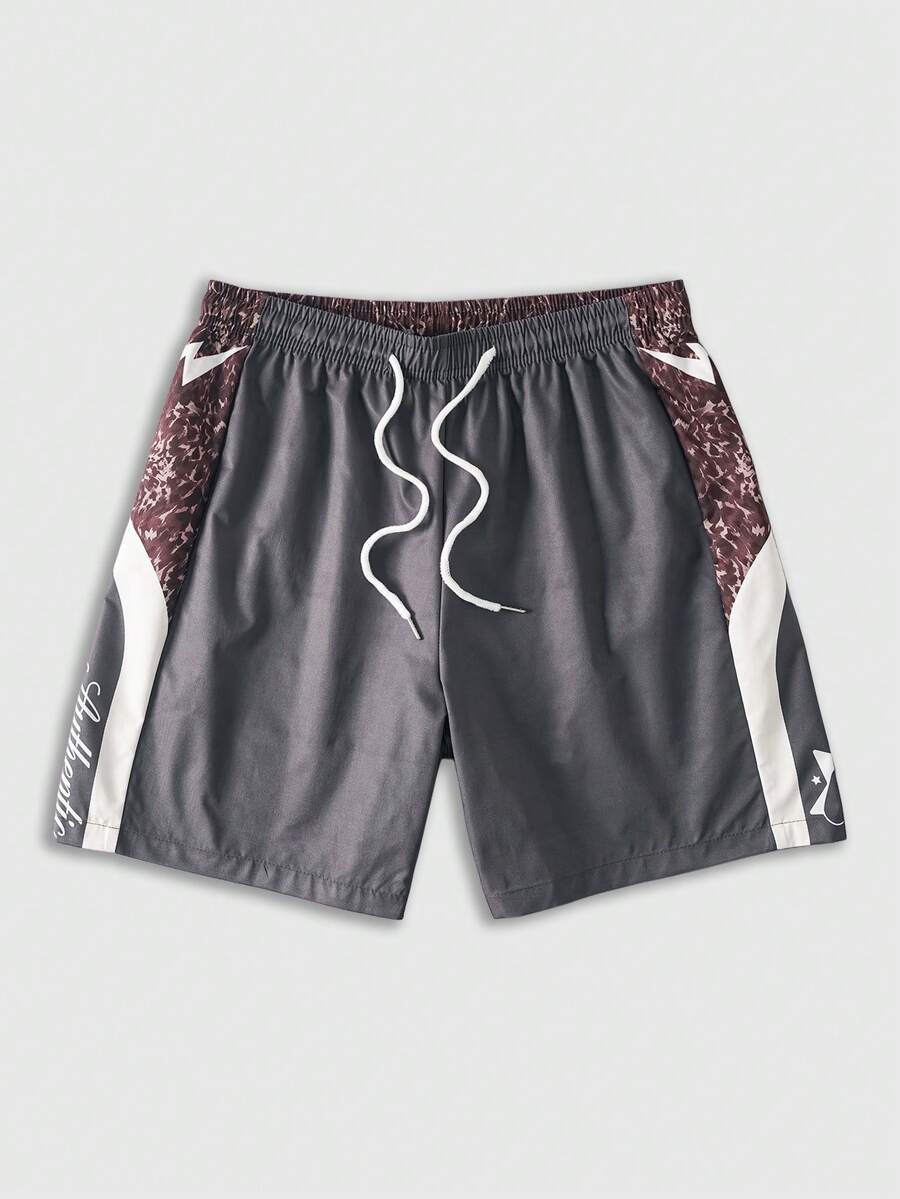 ROMWE MEN Quần short nam kiểu dáng casual, phối màu tương phản, cạp chun có dây rút, đa năng cho mùa hè. - Xám - Xem 1