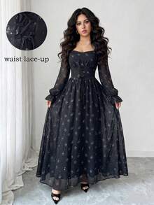 Modelyn Gaun Midi Wanita Desain Prancis dengan Leher Bentuk Hati dan Ikat Pinggang serta Lengan Lentera - Grey - View 8