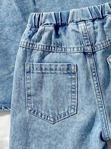 SHEIN Genkimix Kids 男童夏季休闲时尚街头风日常通勤刺绣落肩宽松牛仔外套和牛仔短裤套装 - 藍色 - 查看 7