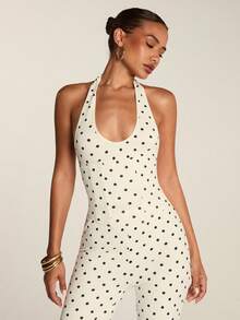 SHEIN BAE Women's Polka Dot Print Fitted Sexy Halter Neck Camisole - Black and White - View 6