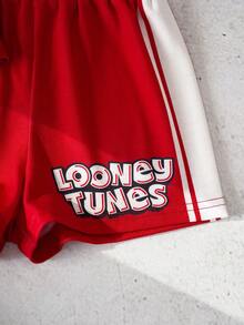 LOONEY TUNES X SHEIN 2件套男婴字母印花短袖T恤和短裤休闲套装 - 紅色 - 查看 6