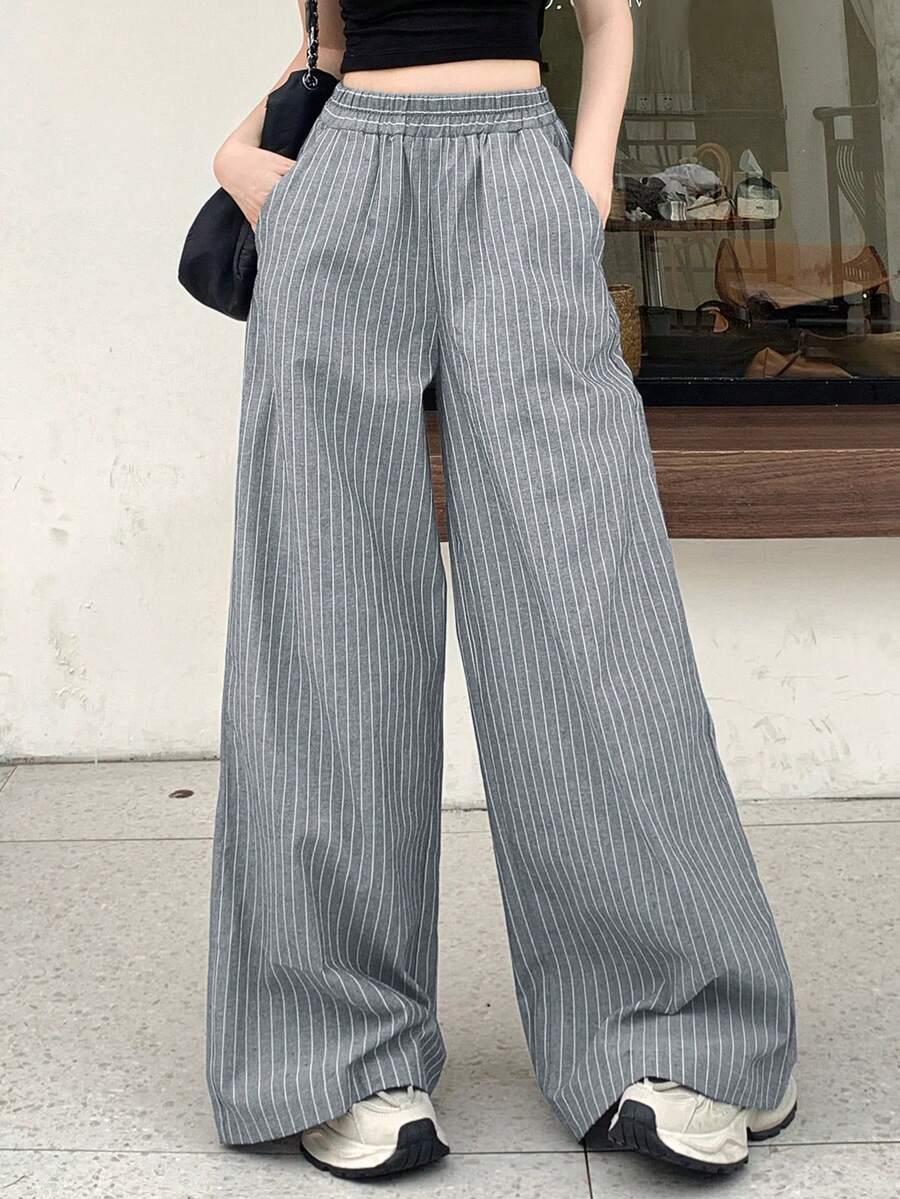 DAZY Women Striped Print Casual Straight-Leg Pants - Light Grey - View 1