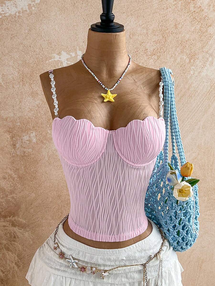 Soleia Plus Size Women's Baby Pink Elegant Sexy Summer Holiday Molded Cup Shell Bra Pearl Strap Camisole Top,Supportive Gathered Vacation Boho Style Vacation - Baby Pink - View 1