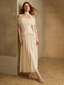 MOTF PREMIUM SUMMER FASHIONABLE ROMANTIC ELEGANT PATCHWORK WAVY TEXTURE FABRIC OFF-SHOULDER DRESS FOR WOMEN VACATION WHITE - Apricot - View 5