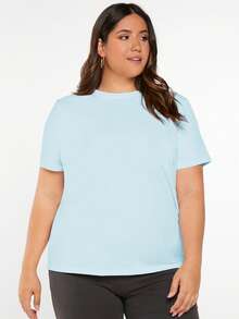 SHEIN BASICS 大码女式纯色圆领短袖休闲T恤 - 淺藍色 - 查看 4