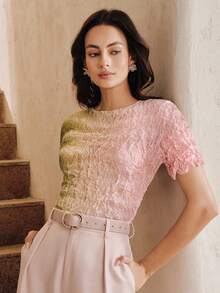 Anewsta Lässiger, pendlerfreundlicher, urlaubstauglicher, date-geeigneter, süßer Farbverlauf Kurzarm Pullover für Frauen - Pink - Übersicht 1