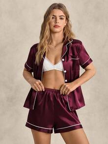 EverLounge Conjunto de pijama cómodo con ribete de bloques de color, ropa de otoño e invierno - Burdeos - Ver 3
