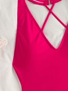 SHEIN Swim 2025 纯色露背吊带连体泳衣，适合度假和海滩夏季 - 紅色 - 查看 4