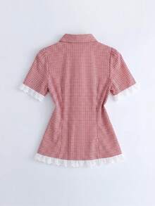 Franclia Áo sơ mi nữ tay ngắn màu xanh kẻ caro phối ren tương phản, kiểu dáng ôm sát, thích hợp cho công sở, dự tiệc hoặc đi nghỉ mát, dành cho mùa xuân/hè. - Đỏ - Xem 4