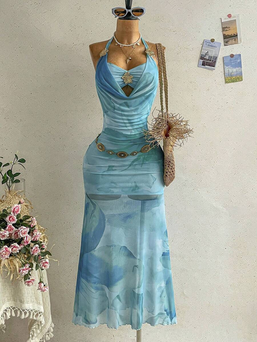 Soleia 女士性感浪漫露背系带拼接胸衣金属花朵装饰深V垂褶鱼尾连衣裙,适合海滩、邮轮、度假等场合。 - 彩色 - 查看 1