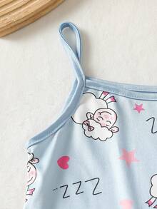 Young Girls' White & Pink Cute Rabbit Print Knit Camisole Dress 2 Pieces Pajama Set - Multicolor - View 5