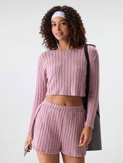 Loungeista 2pcs Women Comfortable Semi-Sheer Long Sleeve Pajama Set + Side Slit Shorts Sleepwear