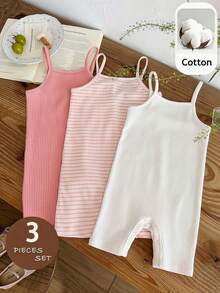 LMoss Kids 3pcs Baby Girl Summer Cute Solid Color Elastic Camisole Romper Set - Multicolor - View 2