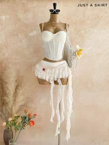 Soleia Plus Size White Autumn Boho Beach Vacation Gym Skirt, Elegant Solid Color Low Waist Layered Ruffle Asymmetric Hem Skirts, Cute Floral Fall - White - View 7