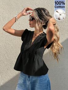 Serisse Blusa de verano holgada con cuello en V, mangas cortas y volantes en el bajo - Negro - Ver 3