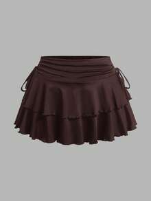 SHEIN EZwear 两件套加大码灰色、黑色、巧克力棕色休闲半身裙套装，春夏款 - 巧克力棕 - 查看 8