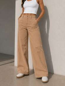 Pantalón gabardina wide leg bolsas parche - Camel - Ver 1