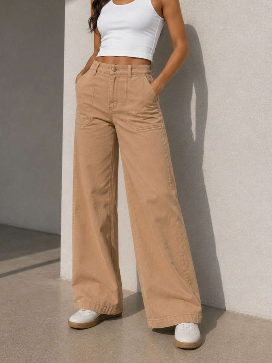 Pantalón gabardina wide leg bolsas parche - Camel - Ver 1