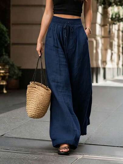 Breezaya Women's High-Waisted Wide-Leg Pants, Navy Blue Summer Boho Vacation Holiday, Loose Solid Color Elegant Fashion For Commuting, Daily Wear, Party