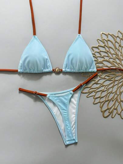 Swim Mod 优雅甜美的女士比基尼套装，挂脖系带，金属装饰，适合海滩度假
