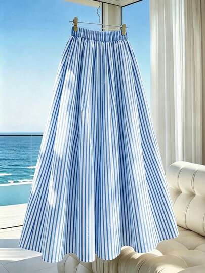 SHEIN Franclia 女士优雅条纹荷叶边A字裙，高腰显瘦休闲夏季裙