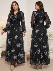 SHEIN CURVE+ 优雅简约印花撞色蕾丝灯笼袖连衣裙 - 彩色 - 查看 2