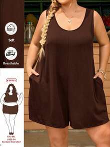 SHEIN CURVE+ 大码女式纯色圆领休闲宽松连体裤，带口袋，夏季 - 棕色 - 查看 1