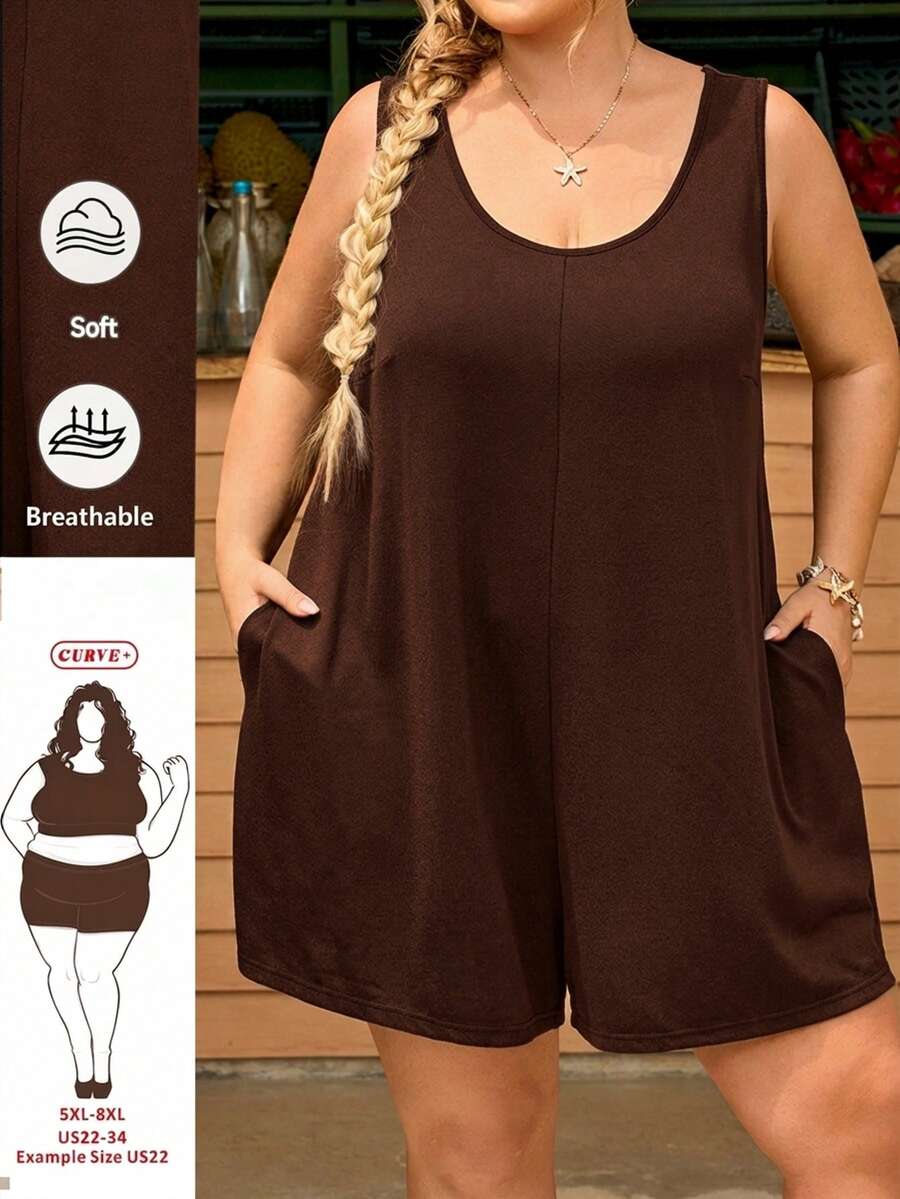 SHEIN CURVE+ 大码女式纯色圆领休闲宽松连体裤,带口袋,夏季 - 棕色 - 查看 1