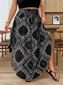 SHEIN CURVE+ Plus Size Women's Solid Color Curved Hem Tie-Front Summer Vacation Print Skirt - Black - View 5