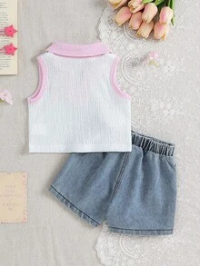 SHEIN Playful Pals Bộ 2 món đồ gia đình đồng bộ cho bé gái mùa hè màu hồng và trắng, áo vest không tay cổ bẻ thêu nơ dễ thương phối cùng chân váy quần short lưng thun - trắng - Xem 2