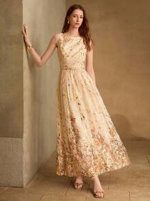 MOTF PREMIUM ELEGANT INTELLECTUAL FOIL FLORAL PRINT WAIST-CINCHED SLEEVELESS DRESS, HIGH-END FEEL, SUITABLE FOR SPRING/SUMMER EVENING GALA VACATION BEIGE - Apricot - View 7