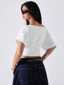 LYSMO Camiseta casual de mujer de manga corta tipo murciélago y corta de unicolor - Blanco - Ver 2