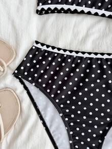 Bộ bikini dệt kim chấm bi 2 mảnh dành cho bé gái tuổi teen, đồ bơi kiểu Mỹ cổ điển, mùa xuân/hè. - Đen và trắng - Xem 5