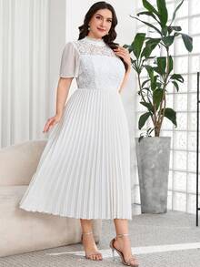 Reflora Plus Size Women's Spring/Summer Elegant Romantic Short Sleeve Mid-Length Dress With Pleated Hem, Lace Fabric, Suitable For Outings And Parties White - Green - View 5