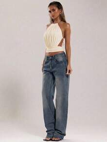 SHEIN BAE Áo hai dây nữ màu đen trơn, kiểu cổ yếm, lưng hở, dây buộc bằng kim loại, thích hợp cho kỳ nghỉ, áo hai dây màu đen, áo hai dây đi nghỉ mát, áo hai dây thường ngày, áo hai dây ngoài trời thường ngày, áo đi nghỉ mát, áo đi nghỉ mát màu đen, áo hai dây thời trang. - Màu be - Xem 5