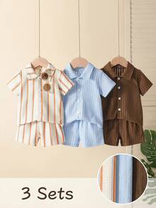 Vintaside Kids 男嬰 3 套組 藍白條紋翻領襯衫短褲套裝 夏季 - 彩色 - 查看 9