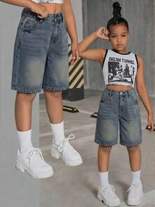 SHEIN Tween Girl Y2K Fashionable Stonewashed High Waist Flap Pocket Baggy Denim Shorts, Back To School Summer - Dark Wash - View 6