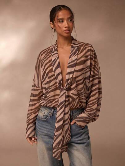 SHEIN Glamour 薄纱蕾丝衬衫，棕色蕾丝女式衬衫