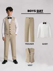 SHEIN 三件套青少年男士绅士套装 - 白色长袖衬衫 + 卡其色修身马甲 + 卡其色西裤，优雅正式的生日、婚礼、婚礼宾客、花童、戒指童装 - 卡其色 - 查看 5