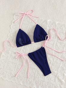 Swim Mod 2件/組 新款夏季純色性感露背掛脖綁帶女式泳衣套裝 - 藏蓝色 - 查看 2